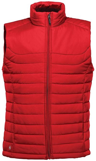 Am image of a Custom STORMTECH MENS NAUTILUS QUILTED VEST in BRIGHT RED!