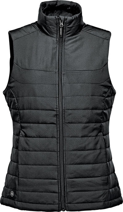 Am image of a Custom Stormtech Womens Nautilus Quilted Vest in BLACK!