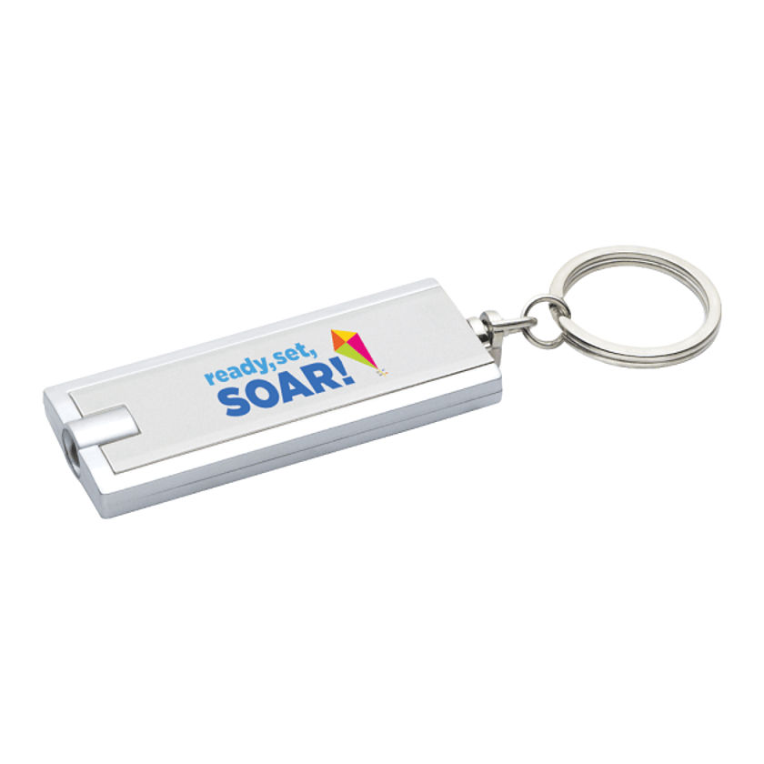 An image of a multi-colour design printed on a custom keychain