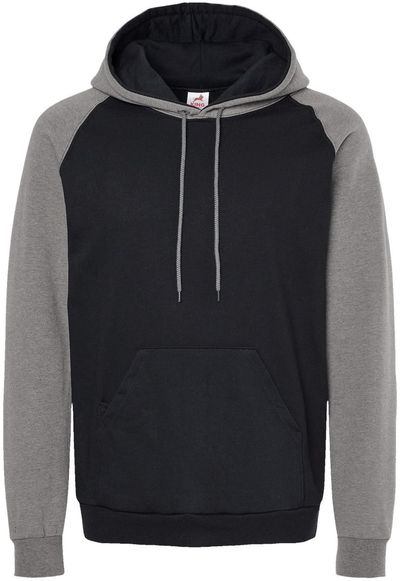 Am image of a Custom King Fashion Fleece Raglan Hooded Sweatshirt in Black/Grey Heather!