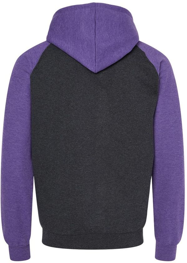 Am image of a Custom King Fashion Fleece Raglan Hooded Sweatshirt in Dark Charcoal/Heather Purple!