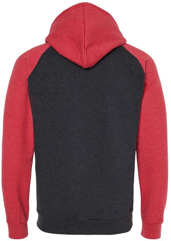 Am image of a Custom King Fashion Fleece Raglan Hooded Sweatshirt in Dark Charcoal/ Heather Red!
