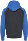 Am image of a Custom King Fashion Fleece Raglan Hooded Sweatshirt in Dark Charcoal/ Heather Royal!