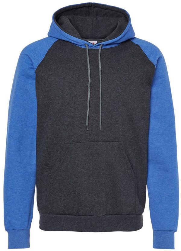 Am image of a Custom King Fashion Fleece Raglan Hooded Sweatshirt in Dark Charcoal/ Heather Royal!
