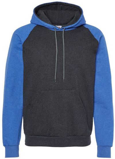 Am image of a Custom King Fashion Fleece Raglan Hooded Sweatshirt in Dark Charcoal/ Heather Royal!