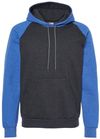 Am image of a Custom King Fashion Fleece Raglan Hooded Sweatshirt in Dark Charcoal/ Heather Royal!