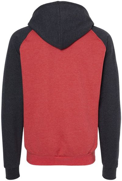 Am image of a Custom King Fashion Fleece Raglan Hooded Sweatshirt in Heather Red/ Dark Charcoal!