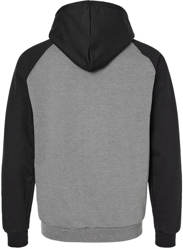 Am image of a Custom King FashionFleece Raglan Hooded Full Zip Sweatshirt in Grey Heather/ Black!
