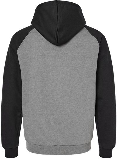 Am image of a Custom King FashionFleece Raglan Hooded Full Zip Sweatshirt in Grey Heather/ Black!