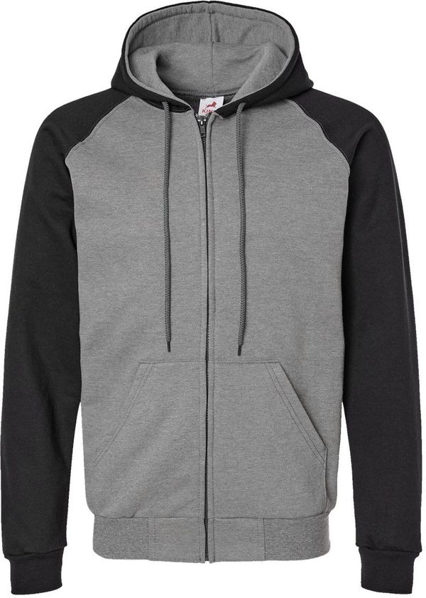 Am image of a Custom King FashionFleece Raglan Hooded Full Zip Sweatshirt in Grey Heather/ Black!