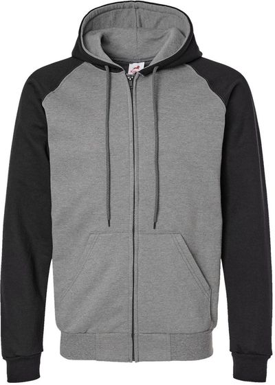 Am image of a Custom King FashionFleece Raglan Hooded Full Zip Sweatshirt in Grey Heather/ Black!