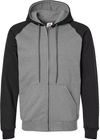 Am image of a Custom King FashionFleece Raglan Hooded Full Zip Sweatshirt in Grey Heather/ Black!