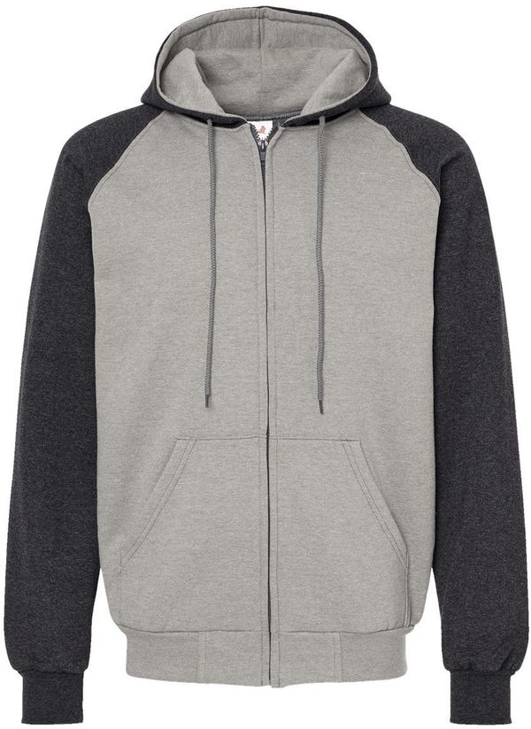 Am image of a Custom King FashionFleece Raglan Hooded Full Zip Sweatshirt in Grey Heather/ Dark Charcoal!