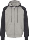 Am image of a Custom King FashionFleece Raglan Hooded Full Zip Sweatshirt in Grey Heather/ Dark Charcoal!