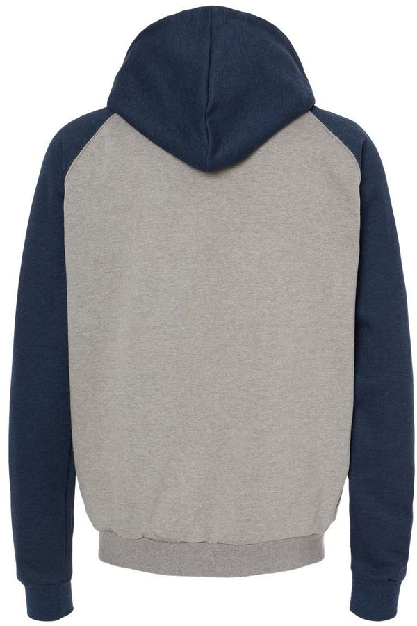 Am image of a Custom King FashionFleece Raglan Hooded Full Zip Sweatshirt in Grey Heather/ Heather Navy!