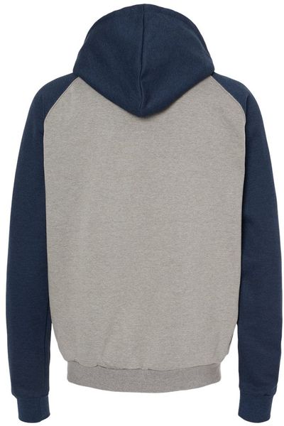 Am image of a Custom King FashionFleece Raglan Hooded Full Zip Sweatshirt in Grey Heather/ Heather Navy!