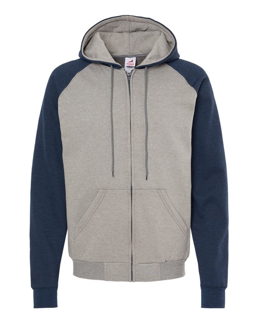 King FashionFleece Raglan Hooded Full Zip Sweatshirt in Grey Heather/ Heather Navy