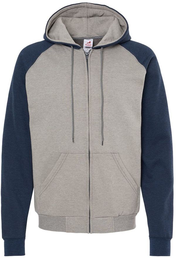 Am image of a Custom King FashionFleece Raglan Hooded Full Zip Sweatshirt in Grey Heather/ Heather Navy!