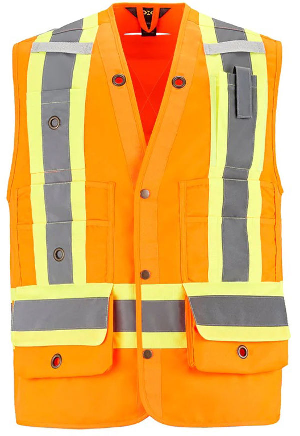 Am image of a Custom CX2 High Vis Surveyor Safety Vest in Hi Vis Orange!