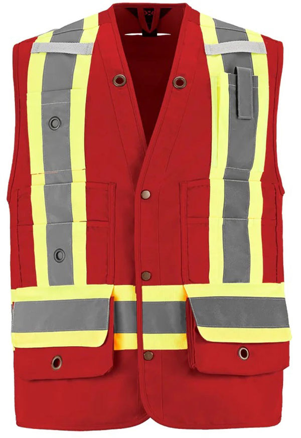 Am image of a Custom CX2 High Vis Surveyor Safety Vest in Red!