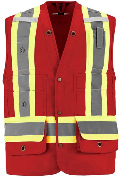 Am image of a Custom CX2 High Vis Surveyor Safety Vest in Red!