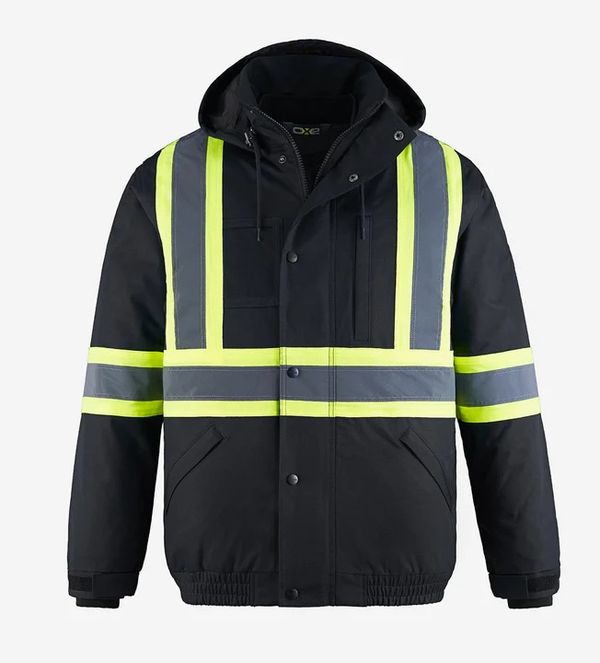 Am image of a Custom CX2 Peterbuilt 3 in 1 Hi Vis Bomber Jacket in Black!