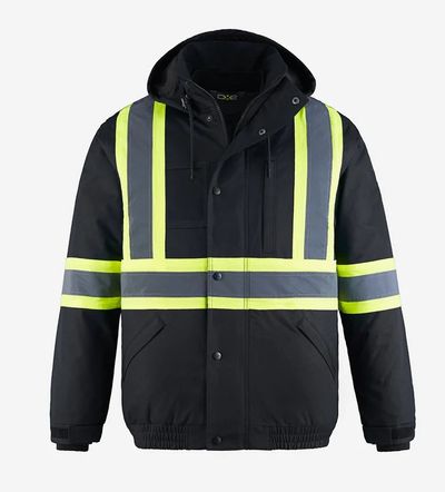 Am image of a Custom CX2 Peterbuilt 3 in 1 Hi Vis Bomber Jacket in Black!