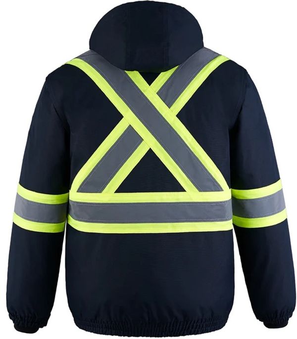 Am image of a Custom CX2 Peterbuilt 3 in 1 Hi Vis Bomber Jacket in Navy!