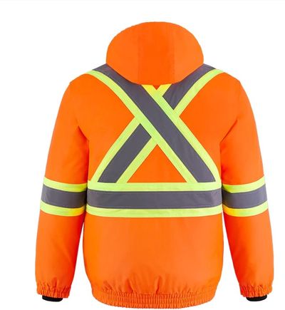 Am image of a Custom CX2 Peterbuilt 3 in 1 Hi Vis Bomber Jacket in Hi Vis Orange!