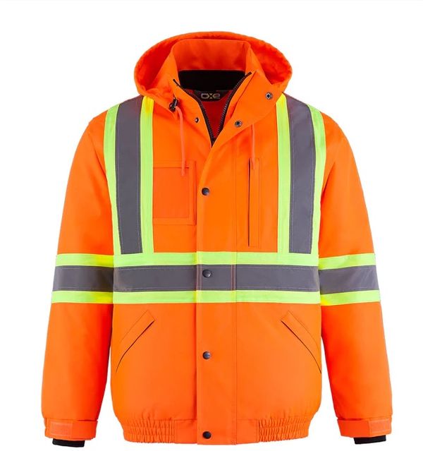 Am image of a Custom CX2 Peterbuilt 3 in 1 Hi Vis Bomber Jacket in Hi Vis Orange!