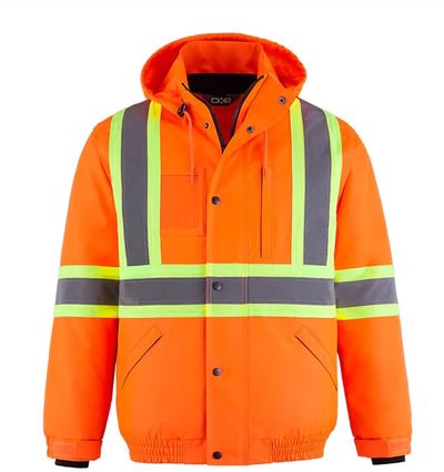 Am image of a Custom CX2 Peterbuilt 3 in 1 Hi Vis Bomber Jacket in Hi Vis Orange!