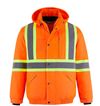 Am image of a Custom CX2 Peterbuilt 3 in 1 Hi Vis Bomber Jacket in Hi Vis Orange!