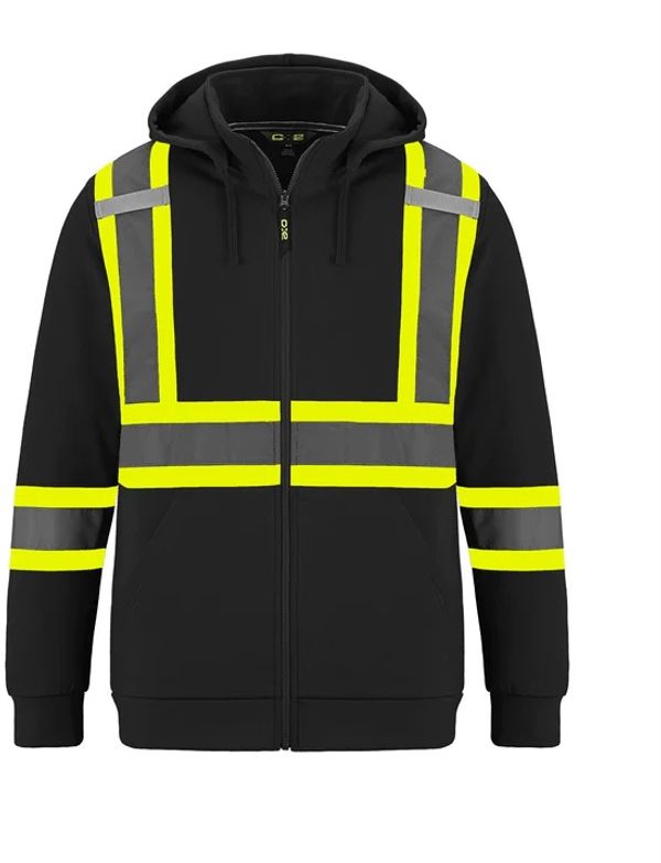 Am image of a Custom CX2 Infinity Hi Vis Polyester Full Zip Hoodie in Black!