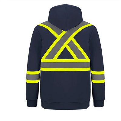 Am image of a Custom CX2 Infinity Hi Vis Polyester Full Zip Hoodie in Navy!