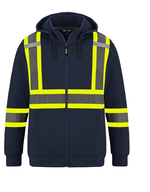 Am image of a Custom CX2 Infinity Hi Vis Polyester Full Zip Hoodie in Navy!