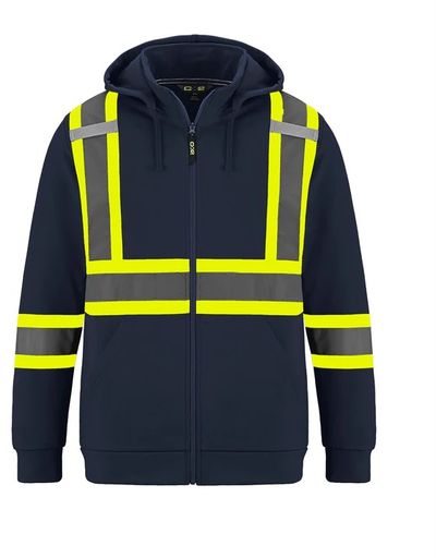 Am image of a Custom CX2 Infinity Hi Vis Polyester Full Zip Hoodie in Navy!