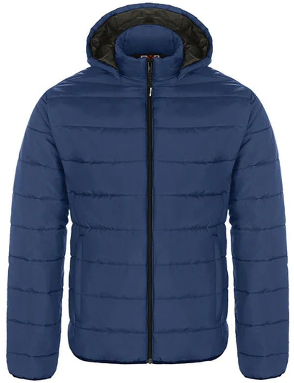 Am image of a Custom CX2 Glacial Youth Puffy Jacket with Detachable Hood in Navy!