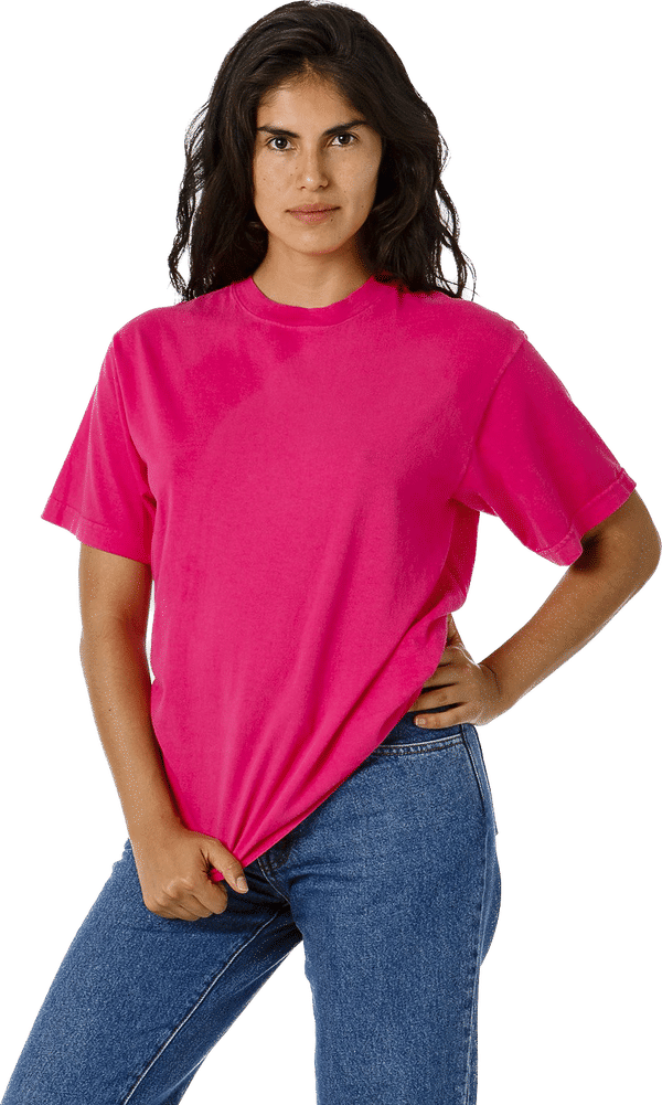 Am image of a Custom LA Apparel Grmnt Dye Crew Neck 6.5oz in Fuchsia!