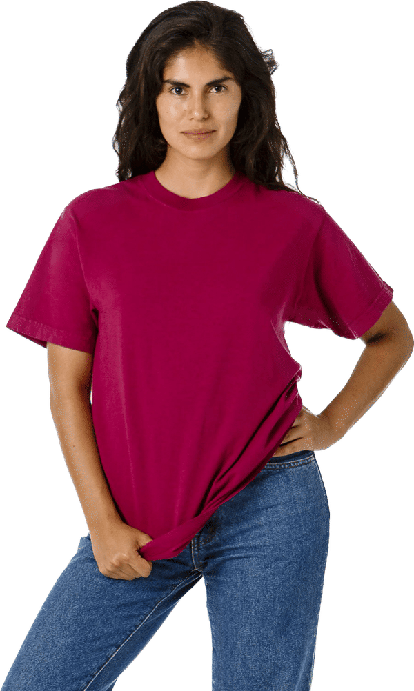 Am image of a Custom LA Apparel Grmnt Dye Crew Neck 6.5oz in Ruby!