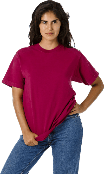 Am image of a Custom LA Apparel Grmnt Dye Crew Neck 6.5oz in Ruby!
