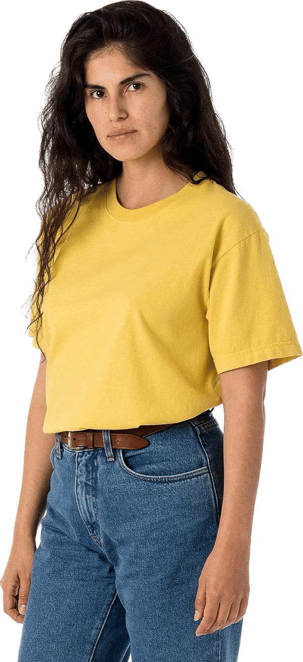 Am image of a Custom LA Apparel Grmnt Dye Crew Neck 6.5oz in Spectra Yellow!