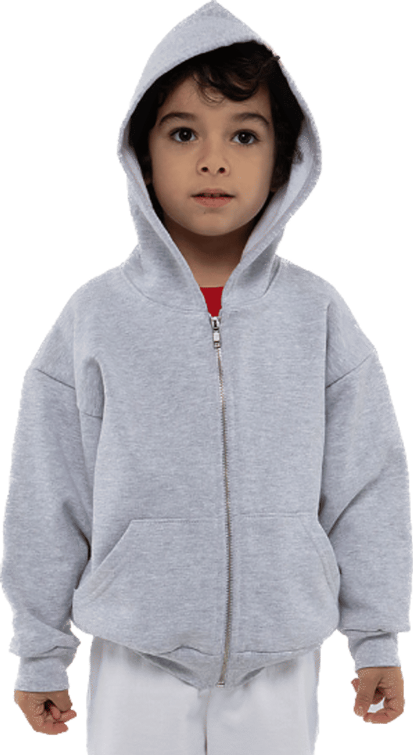 Am image of a Custom LA Apparel Kids 14oz Heavy Fleece Zip Up Hoodie in Ash!