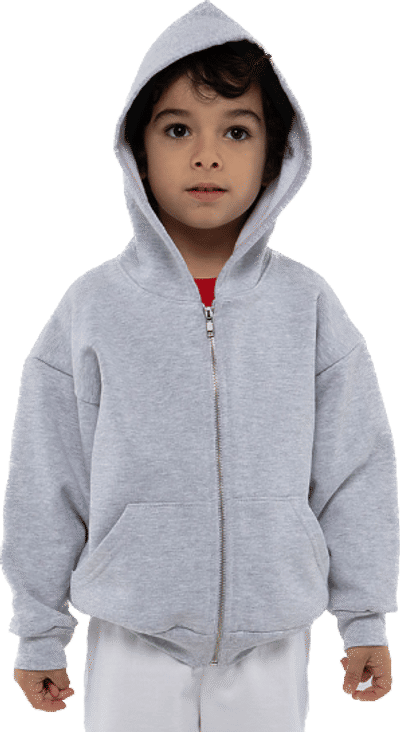 Am image of a Custom LA Apparel Kids 14oz Heavy Fleece Zip Up Hoodie in Ash!