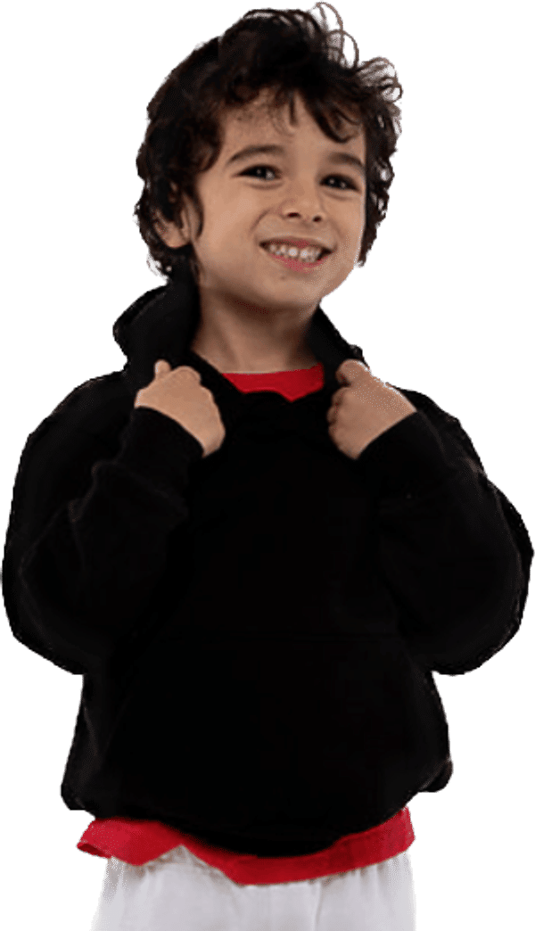 Am image of a Custom LA Apparel Kids Heavy Fleece Hooded Pullover in Black!