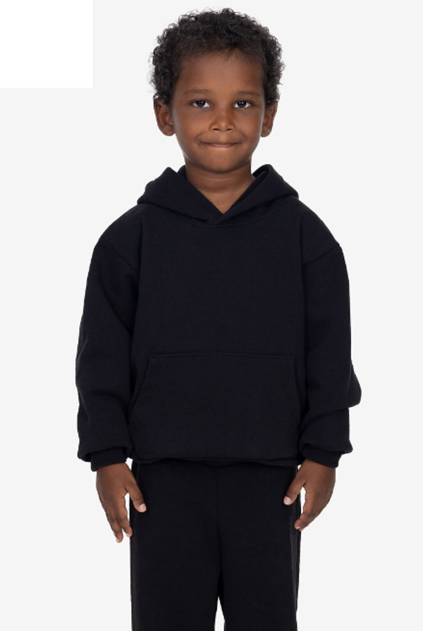 An image of a Custom LA Apparel Kids Heavy Fleece Hooded Pullover in Black!