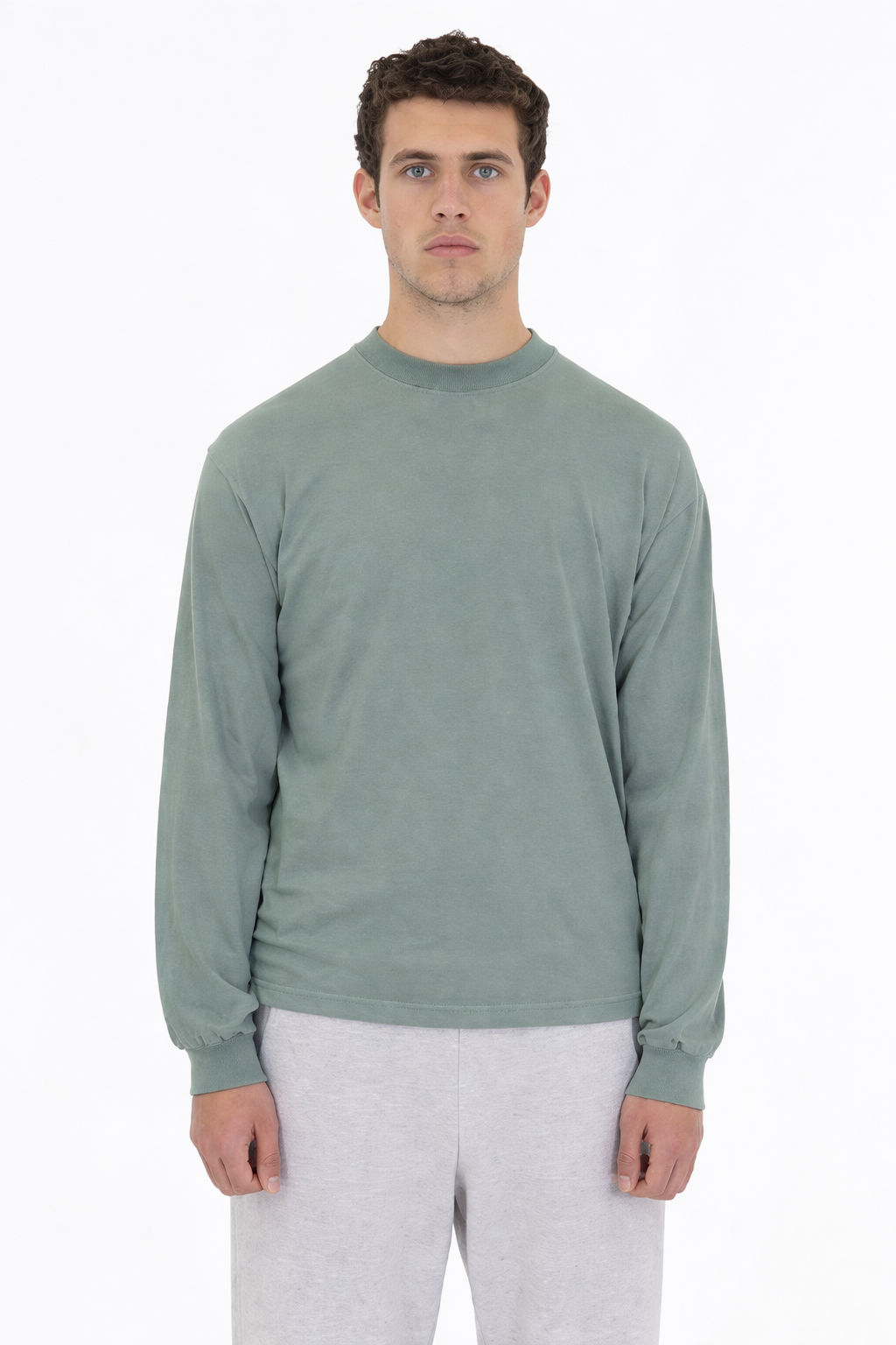 LA Apparel Long Sleeve Garment Dye Crewneck Shirt in Atlantic Green