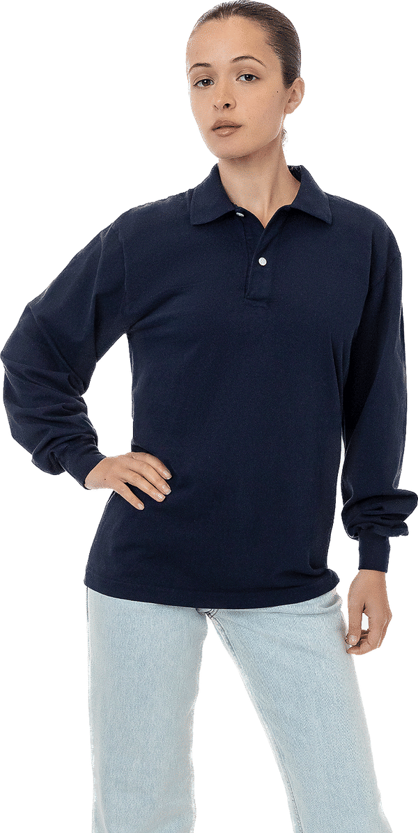 Am image of a Custom LA Apparel Long Sleeve Polo TShirt in Navy!