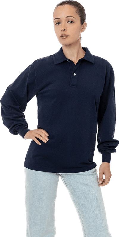 Am image of a Custom LA Apparel Long Sleeve Polo TShirt in Navy!