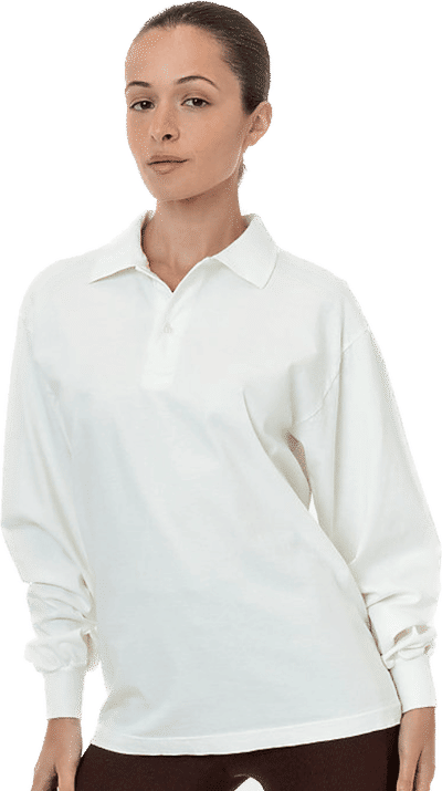 Am image of a Custom LA Apparel Long Sleeve Polo TShirt in Off-White!