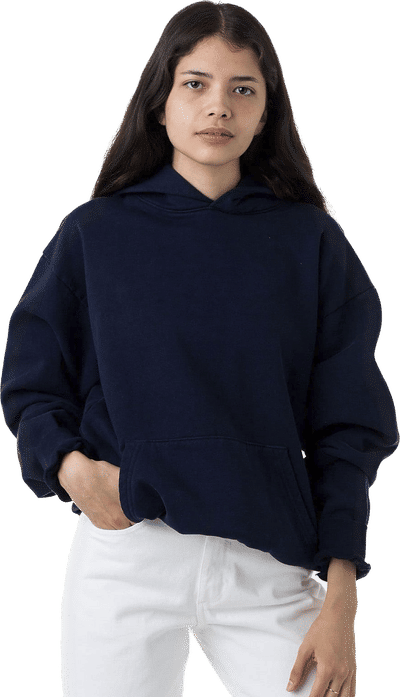 Am image of a Custom LA Apparel LS Heavy Fleece Hoodie PO 14 Oz in NAVY!